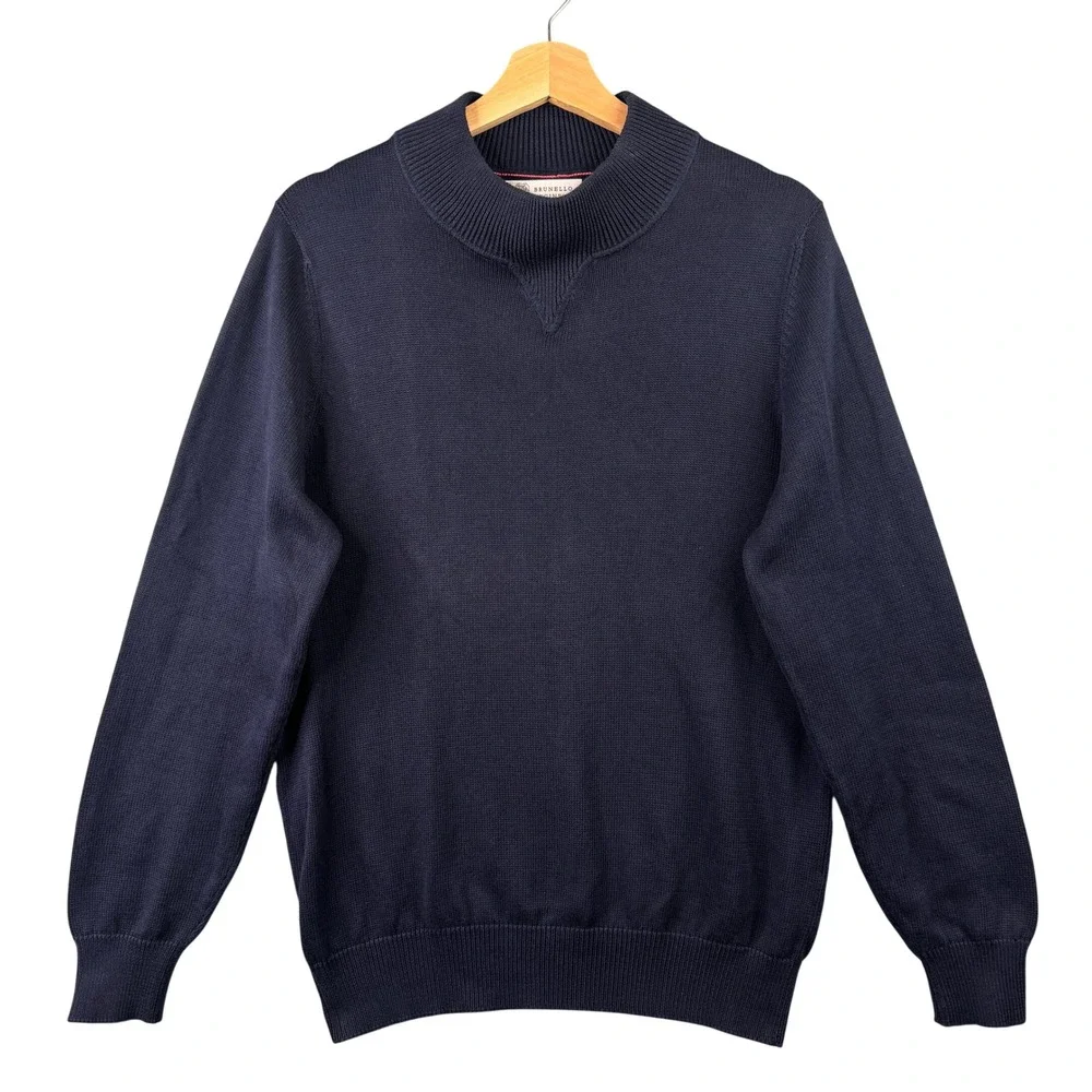 Brunello Cucinelli Mens Navy Blue 100% Cotton Mock Neck Sweater Small Thick